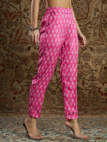 Women Pink Satin Floral Pencil Pants