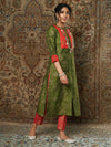 Women Green Brocade Floral Straight Yoke Kurta