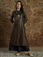 Women Black Floral Brocade Straight Kurta