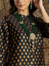 Women Black Floral Brocade Straight Kurta