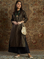 Women Black Floral Brocade Straight Kurta