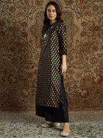 Women Black Floral Brocade Straight Kurta