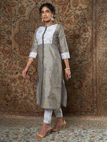 Women Grey Bocade Floral Straight Yoke Kurta