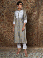 Women Grey Bocade Floral Straight Yoke Kurta