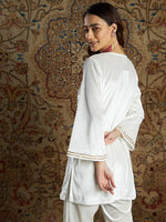 Women White Velvet Zari Embroidered Short Kurta