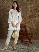 Women White Velvet Zari Embroidered Short Kurta