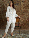 Women White Velvet Zari Embroidered Tulip Pants