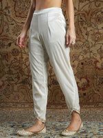 Women White Velvet Zari Embroidered Tulip Pants