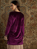 Women Burgundy Velvet Zari Embroidered Short Kurta