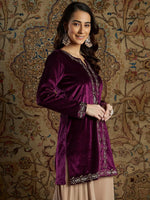 Women Burgundy Velvet Zari Embroidered Short Kurta