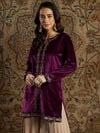 Women Burgundy Velvet Zari Embroidered Short Kurta