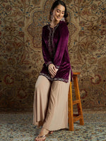 Women Burgundy Velvet Zari Embroidered Short Kurta