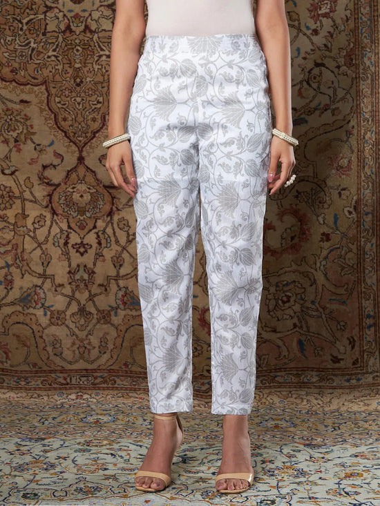 Women White Bocade Floral Pencil Pants