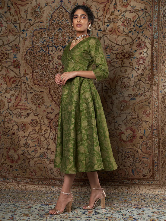 Women Green Brocade Floral Anarkali Dress