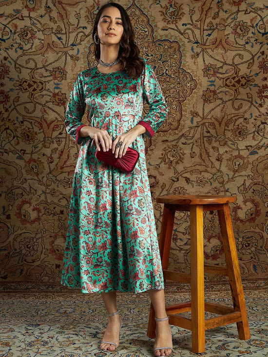 Women Sea Green Floral Velvet Printed Anarkali Dress