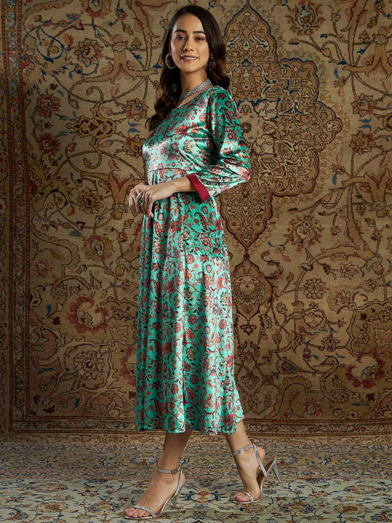 Women Sea Green Floral Velvet Printed Anarkali Dress