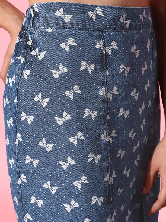 Women Blue Bow Print Pencil Midi Skirt