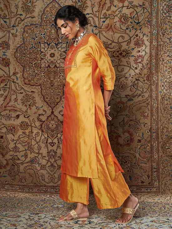 Women Mustard Zari Embroidered Straight Kurta