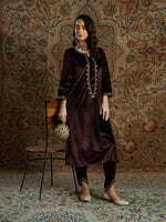 Women Brown Velvet Zari Embroidered Kurta