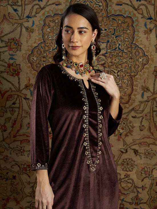 Women Brown Velvet Zari Embroidered Kurta