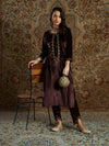 Women Brown Velvet Zari Embroidered Kurta