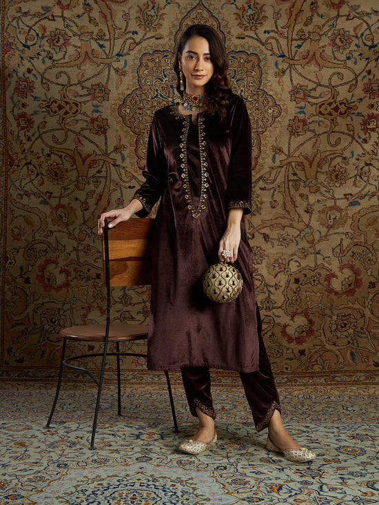 Women Brown Velvet Zari Embroidered Kurta