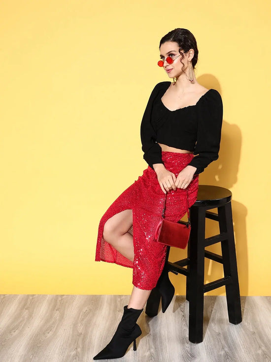 Women Red Sequin Midi Pencil Skirt