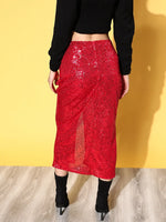 Women Red Sequin Midi Pencil Skirt