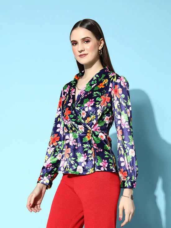 Women Navy Floral Velvet Wrap Top