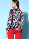 Women Navy Floral Velvet Wrap Top