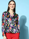 Women Navy Floral Velvet Wrap Top