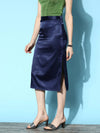 Women Navy Lycra Satin Side Slit Midi Skirt