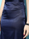 Women Navy Lycra Satin Side Slit Midi Skirt