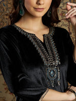 Women Black Velvet Zari Embroidered Kurta-SHKUR00265XS