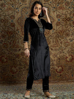 Women Black Velvet Zari Embroidered Kurta-SHKUR00265XS