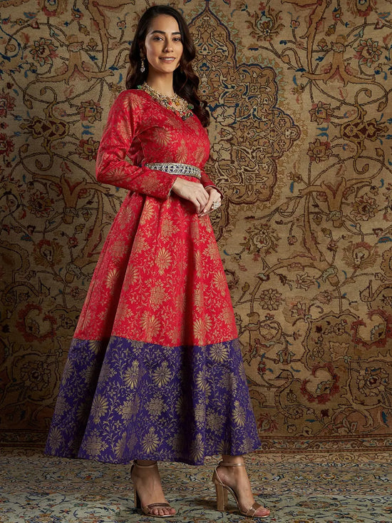 Women Red & Purple Brocade Floral Anarkali Maxi Dress