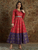 Women Red & Purple Brocade Floral Anarkali Maxi Dress