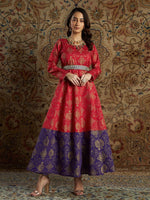 Women Red & Purple Brocade Floral Anarkali Maxi Dress