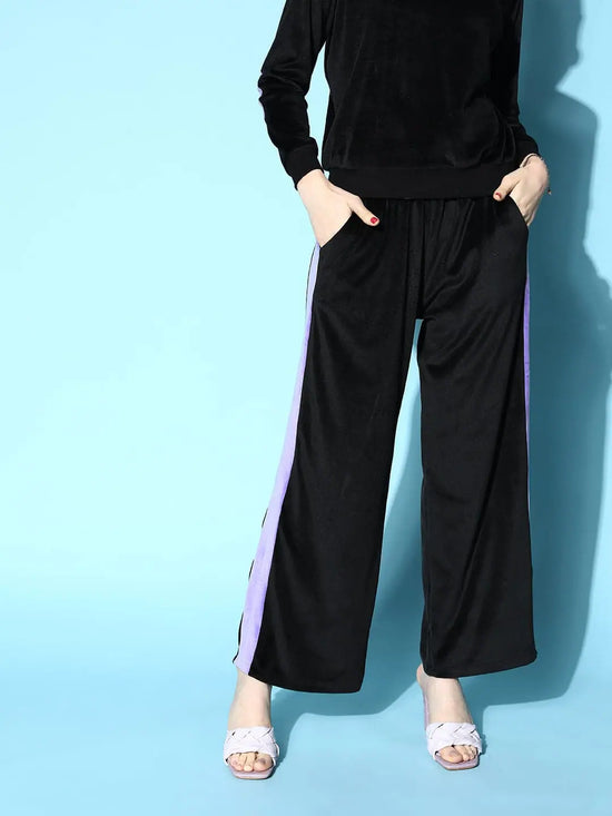 Women Black Velour Side Tape Track Pants