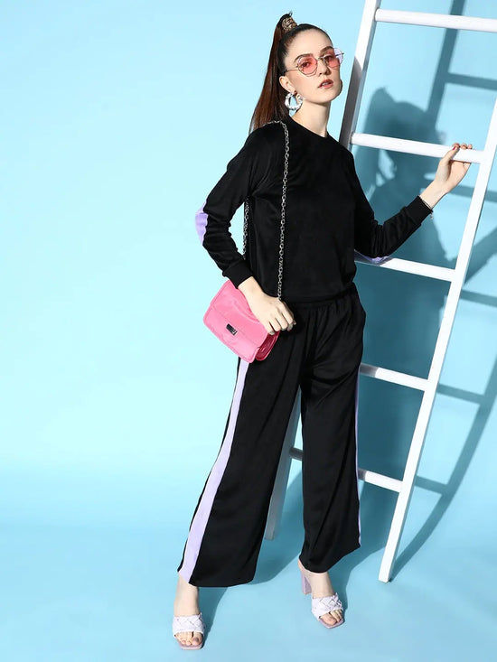 Women Black Velour Side Tape Track Pants