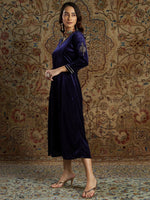 Women Navy Velvet Zari Embroidered Anarkali Dress