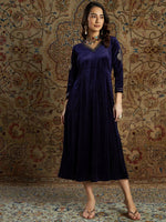 Women Navy Velvet Zari Embroidered Anarkali Dress