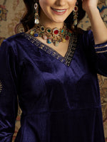 Women Navy Velvet Zari Embroidered Anarkali Dress