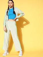 Women Sea Green Velour Crop Jacket With Track Pants