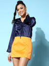 Women Navy Lycra Satin Ruched Bell Sleeves Top