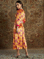 Women Orange Floral Velvet Printed Anarkali Dress