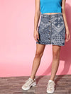 Women Blue Paisley Print Buttonned A-Line Mini Skirt