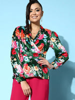 Women Green Floral Velvet Wrap Top