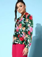 Women Green Floral Velvet Wrap Top