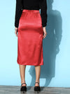 Women Red Lycra Satin Side Slit Midi Skirt